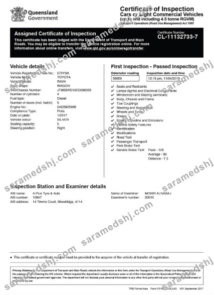 Australia Queensland certificate of vehicle inspection